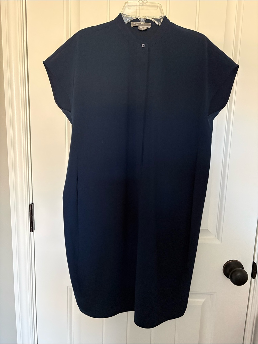 Vince Navy Short-Sleeve Midi Shift Dress
